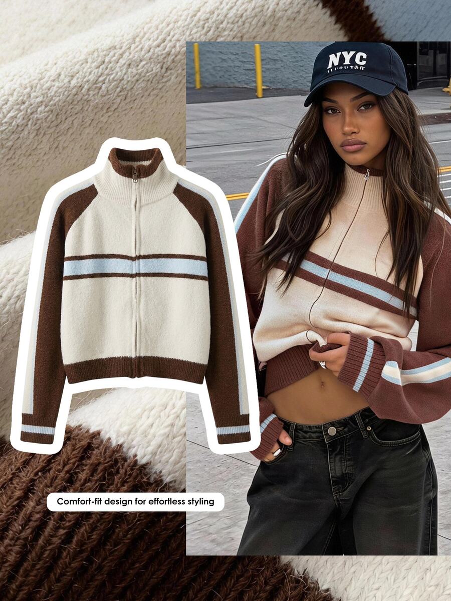 Comfortcana Women's Colorblock Zipper Casual Athleisure Streetwear Activewear Daily Travel Long Sleeve Cardigan Brunch School Brown Apricot Autumn
