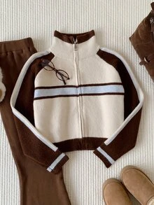 Comfortcana Women's Colorblock Zipper Casual Athleisure Streetwear Activewear Daily Travel Long Sleeve Cardigan Brunch School Brown Apricot Autumn - Multicolor - View 5