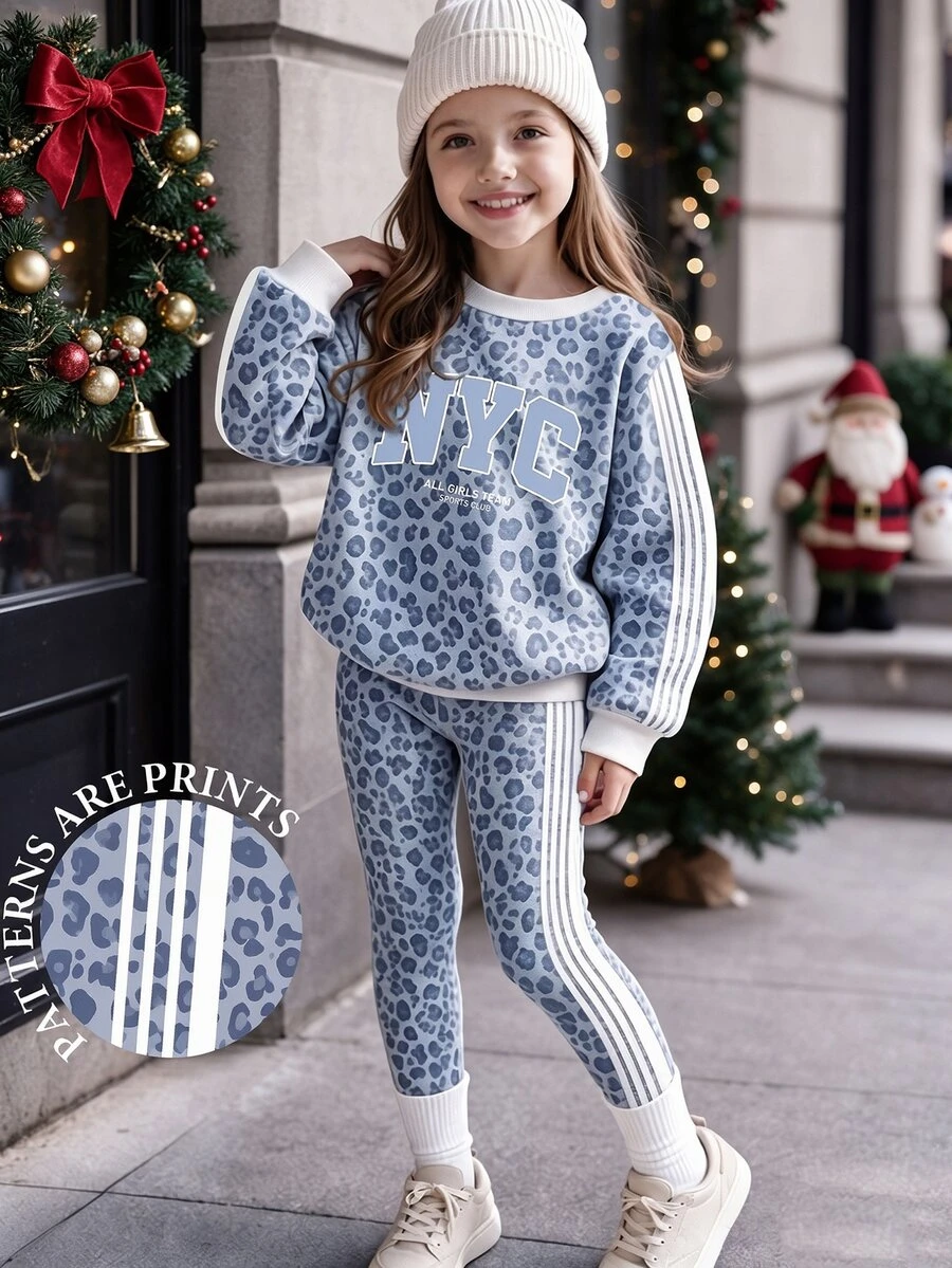 Setelan Baju Anak Perempuan: Sweatshirt Kerah Bulat Motif Leopard dengan Huruf NYC dan Legging Garis Samping - MultiWarna - View 1