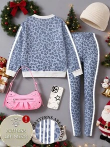 Setelan Baju Anak Perempuan: Sweatshirt Kerah Bulat Motif Leopard dengan Huruf NYC dan Legging Garis Samping - MultiWarna - View 2