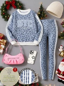 Setelan Baju Anak Perempuan: Sweatshirt Kerah Bulat Motif Leopard dengan Huruf NYC dan Legging Garis Samping - MultiWarna - View 3