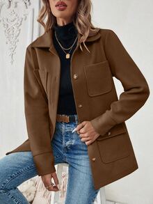 SHEIN PariChic Women Casual Solid Color Patchwork Pocket Single-Breasted Jacket, Autumn/Winter Fall Cloth For Women - Coffee Brown - View 6