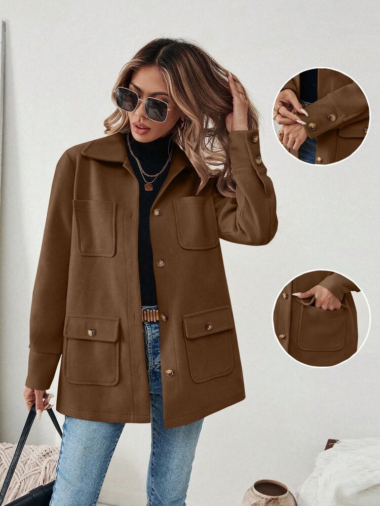 SHEIN PariChic Women Casual Solid Color Patchwork Pocket Single-Breasted Jacket, Autumn/Winter Fall Cloth For Women - Coffee Brown - View 3