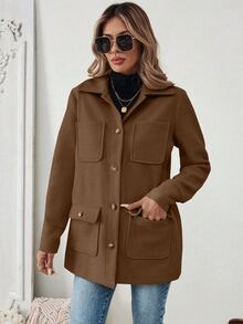 SHEIN PariChic Women Casual Solid Color Patchwork Pocket Single-Breasted Jacket, Autumn/Winter Fall Cloth For Women - Coffee Brown - View 8