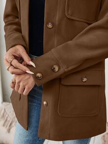 SHEIN PariChic Women Casual Solid Color Patchwork Pocket Single-Breasted Jacket, Autumn/Winter Fall Cloth For Women - Coffee Brown - View 4