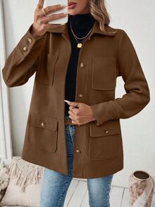 SHEIN PariChic Women Casual Solid Color Patchwork Pocket Single-Breasted Jacket, Autumn/Winter Fall Cloth For Women - Coffee Brown - View 5