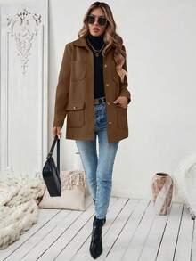 SHEIN PariChic Women Casual Solid Color Patchwork Pocket Single-Breasted Jacket, Autumn/Winter Fall Cloth For Women - Coffee Brown - View 7