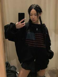 DAZY Women's Korean Style Flag Print Zip-Up Sweatshirt - Black - View 2