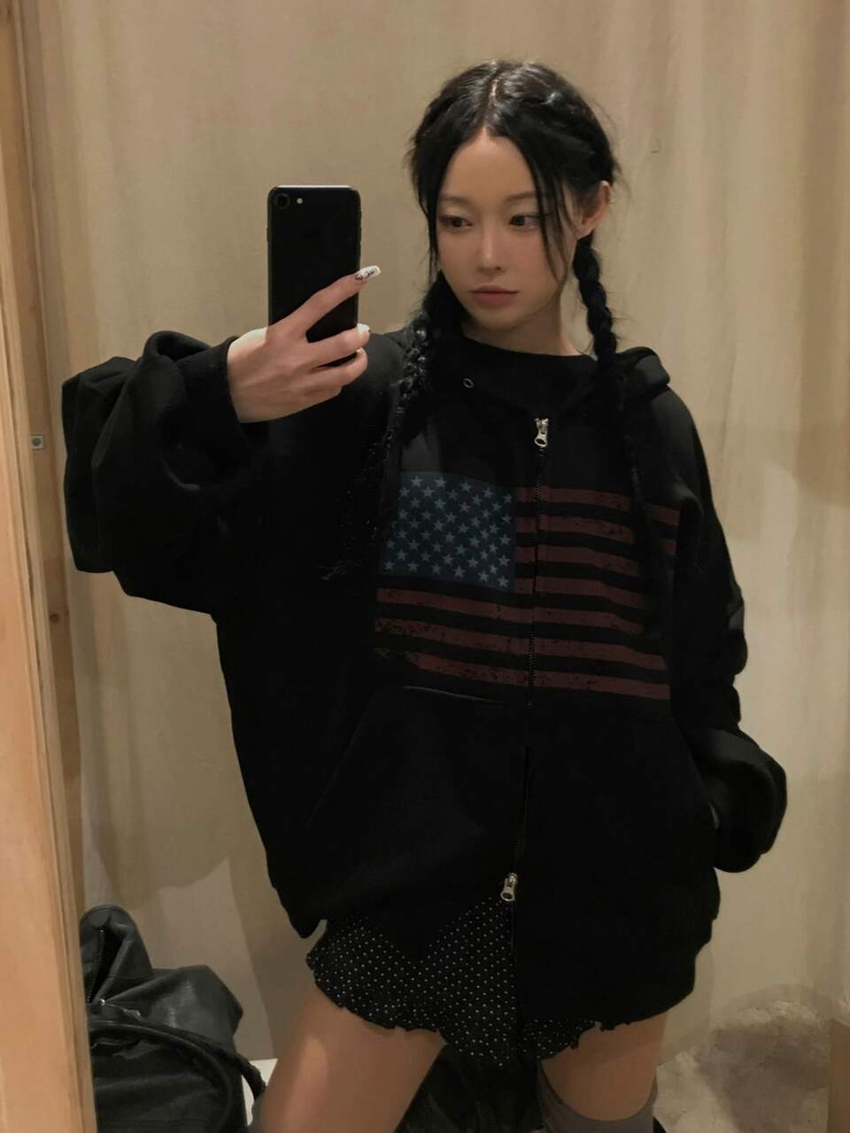 Women's Korean Style Flag Print Zip-Up Sweatshirt