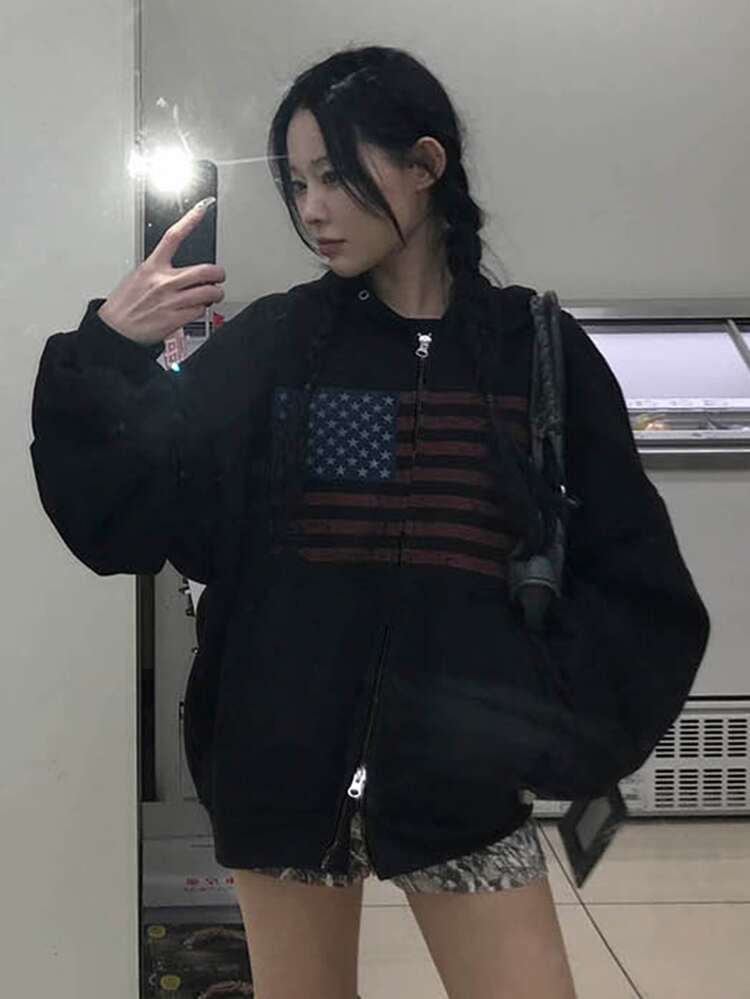 DAZY 女款韓式國旗印花拉鍊連帽衛衣 - 黑色 - 查看 3