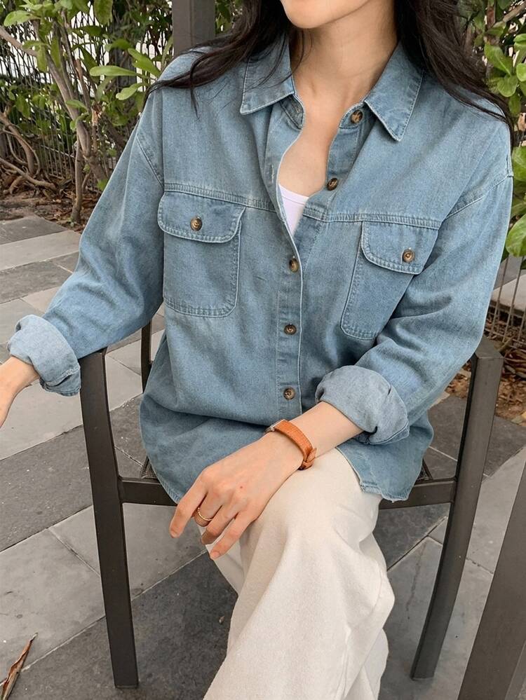 DAZY 女款單排扣休閒百搭日常牛仔上衣 - 藍色 - 查看 3