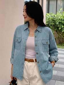 DAZY Atasan Denim Kasual Serbaguna untuk Wanita, Model Kancing Tunggal, untuk Sehari-hari - Biru - View 7