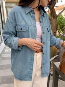 DAZY Atasan Denim Kasual Serbaguna untuk Wanita, Model Kancing Tunggal, untuk Sehari-hari - Biru - View 2