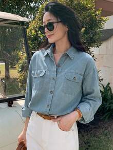DAZY Atasan Denim Kasual Serbaguna untuk Wanita, Model Kancing Tunggal, untuk Sehari-hari - Biru - View 1