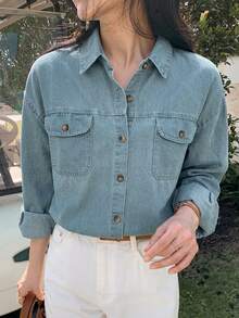 DAZY Atasan Denim Kasual Serbaguna untuk Wanita, Model Kancing Tunggal, untuk Sehari-hari - Biru - View 6