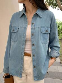 DAZY Atasan Denim Kasual Serbaguna untuk Wanita, Model Kancing Tunggal, untuk Sehari-hari - Biru - View 5