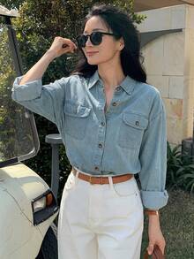 DAZY Atasan Denim Kasual Serbaguna untuk Wanita, Model Kancing Tunggal, untuk Sehari-hari - Biru - View 4