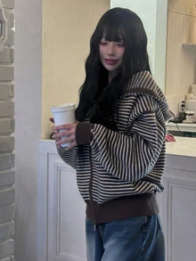 DAZY Women's Striped Drop Shoulder Long Sleeve Zip-Up Hooded Knit Cardigan - Brown - View 9