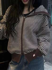 DAZY Women's Striped Drop Shoulder Long Sleeve Zip-Up Hooded Knit Cardigan - Brown - View 10