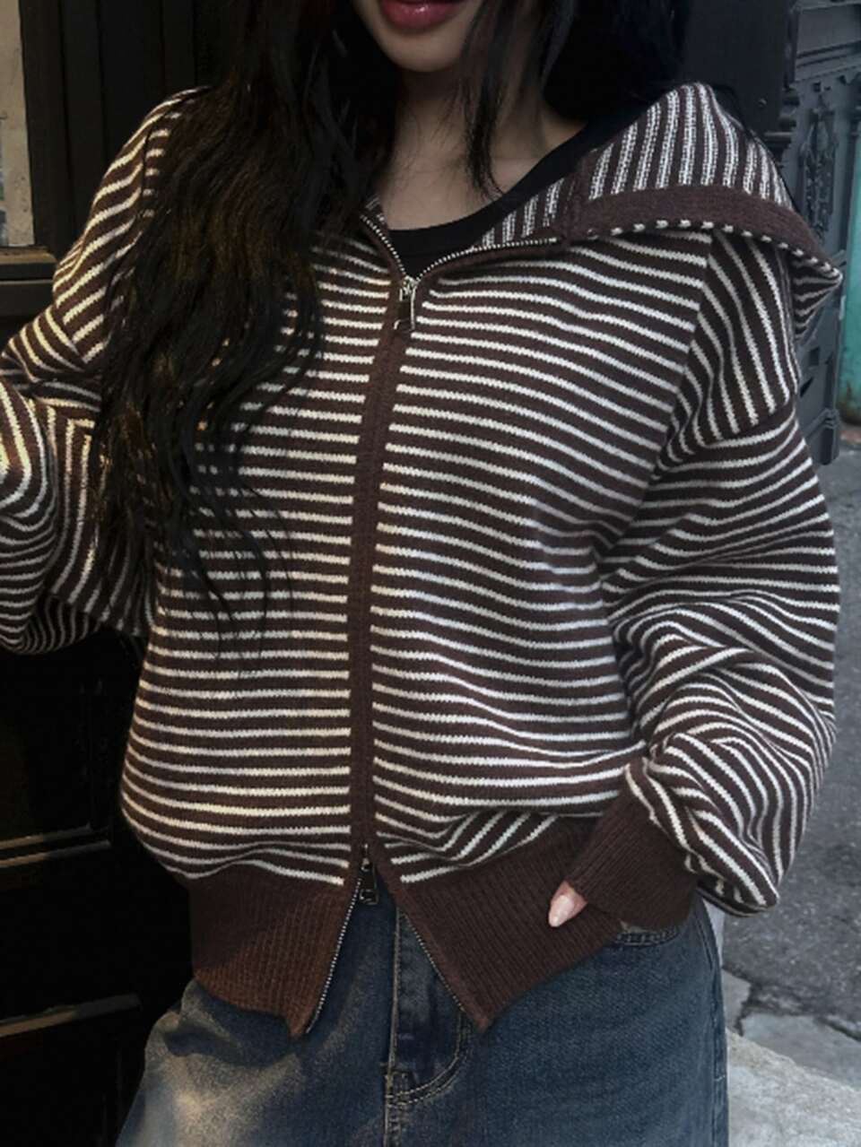 Women's Striped Drop Shoulder Long Sleeve Zip-Up Hooded Knit Cardigan
