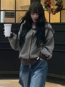 DAZY Women's Striped Drop Shoulder Long Sleeve Zip-Up Hooded Knit Cardigan - Brown - View 5