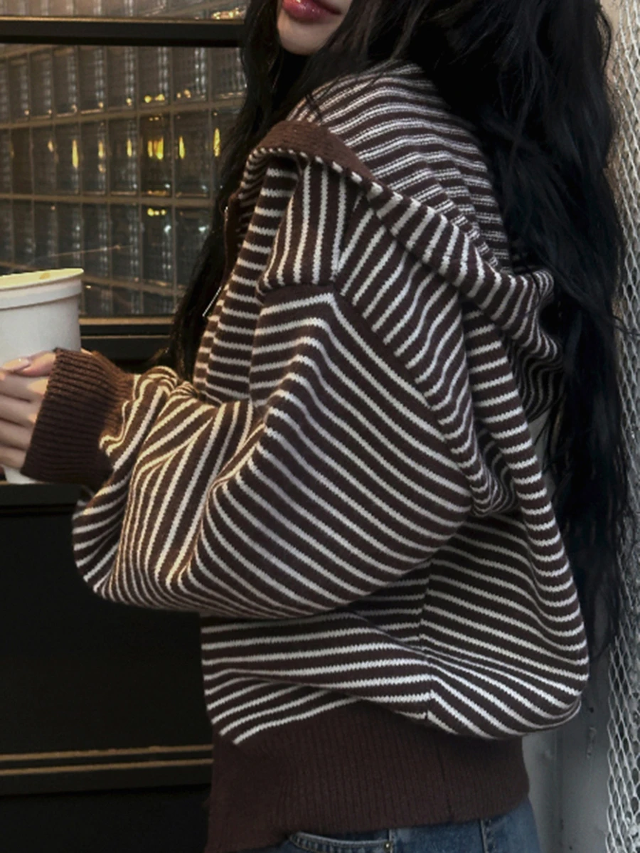 DAZY Women's Striped Drop Shoulder Long Sleeve Zip-Up Hooded Knit Cardigan - Brown - View 1