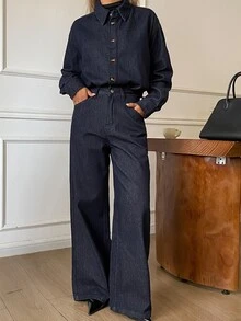 DAZY Women's Single-Breasted Long Sleeve Top & Pants Denim Set - Blue - View 5