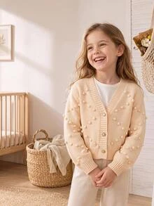 SHEIN Vintaside Kids Girls' Autumn/Winter Fashion Minimalist Special Craft Knit Sweater Long Sleeve Cardigan - Apricot - View 1