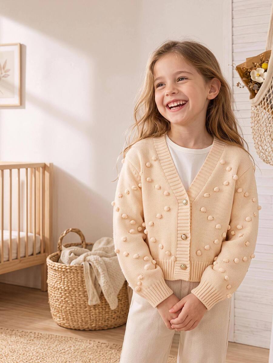 SHEIN Vintaside Kids Girls' Autumn/Winter Fashion Minimalist Special Craft Knit Sweater Long Sleeve Cardigan - Apricot - View 1