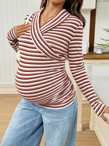 SHEIN Maternity Casual Striped Nursing Top For Autumn Fall - Multicolor - View 3
