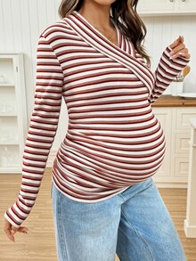 SHEIN Maternity Casual Striped Nursing Top For Autumn Fall - Multicolor - View 5