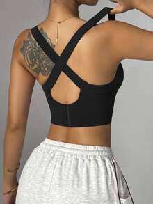SHEIN Sports Women's Solid Color Criss-Cross Back Cropped Fitness Tank Top, For Daily Workout - Black - View 4