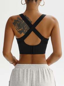SHEIN Sports Women's Solid Color Criss-Cross Back Cropped Fitness Tank Top, For Daily Workout - Black - View 8
