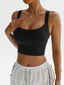 SHEIN Sports Women's Solid Color Criss-Cross Back Cropped Fitness Tank Top, For Daily Workout - Black - View 5