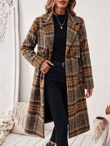 SHEIN 女款秋冬格紋粗花呢長版大衣，雙排扣寬鬆膝長外套，適合通勤、上班、日常穿著、約會、購物，西裝領格紋長大衣，平駁領附腰帶格紋外套 - 彩色 - 查看 8