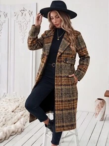 SHEIN 女款秋冬格紋粗花呢長版大衣，雙排扣寬鬆膝長外套，適合通勤、上班、日常穿著、約會、購物，西裝領格紋長大衣，平駁領附腰帶格紋外套 - 彩色 - 查看 6