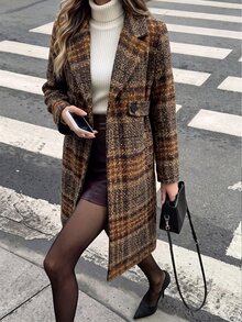 SHEIN 女款秋冬格紋粗花呢長版大衣，雙排扣寬鬆膝長外套，適合通勤、上班、日常穿著、約會、購物，西裝領格紋長大衣，平駁領附腰帶格紋外套 - 彩色 - 查看 1