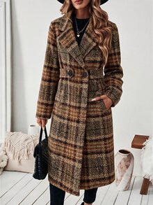 SHEIN 女款秋冬格紋粗花呢長版大衣，雙排扣寬鬆膝長外套，適合通勤、上班、日常穿著、約會、購物，西裝領格紋長大衣，平駁領附腰帶格紋外套 - 彩色 - 查看 5