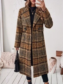 SHEIN 女款秋冬格紋粗花呢長版大衣，雙排扣寬鬆膝長外套，適合通勤、上班、日常穿著、約會、購物，西裝領格紋長大衣，平駁領附腰帶格紋外套 - 彩色 - 查看 7