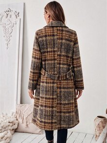 SHEIN 女款秋冬格紋粗花呢長版大衣，雙排扣寬鬆膝長外套，適合通勤、上班、日常穿著、約會、購物，西裝領格紋長大衣，平駁領附腰帶格紋外套 - 彩色 - 查看 2