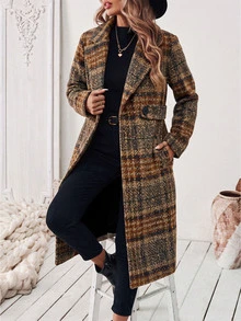 SHEIN 女款秋冬格紋粗花呢長版大衣，雙排扣寬鬆膝長外套，適合通勤、上班、日常穿著、約會、購物，西裝領格紋長大衣，平駁領附腰帶格紋外套 - 彩色 - 查看 3
