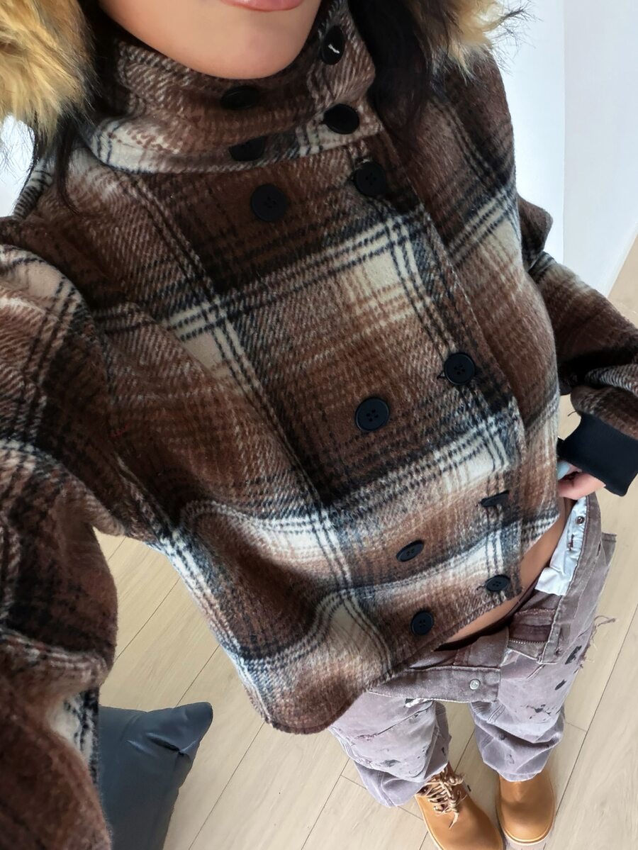 StreetHx Women's Street Retro Plaid Slim Fit Flattering Design Double-Breasted Wool - Brown - View 1