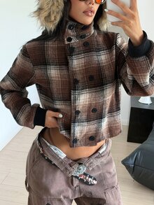 StreetHx Women's Street Retro Plaid Slim Fit Flattering Design Double-Breasted Wool - Brown - View 5