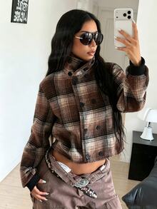 StreetHx Women's Street Retro Plaid Slim Fit Flattering Design Double-Breasted Wool - Brown - View 4