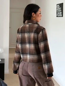 StreetHx Women's Street Retro Plaid Slim Fit Flattering Design Double-Breasted Wool - Brown - View 2