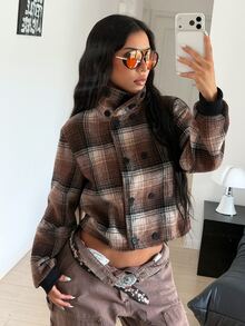 StreetHx Women's Street Retro Plaid Slim Fit Flattering Design Double-Breasted Wool - Brown - View 7