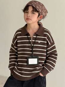 Dazy Kids Tween Boy Striped Zipper Half-Placket Long Sleeve Casual Sweater - Brown - View 3