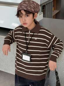 Dazy Kids Tween Boy Striped Zipper Half-Placket Long Sleeve Casual Sweater - Brown - View 1