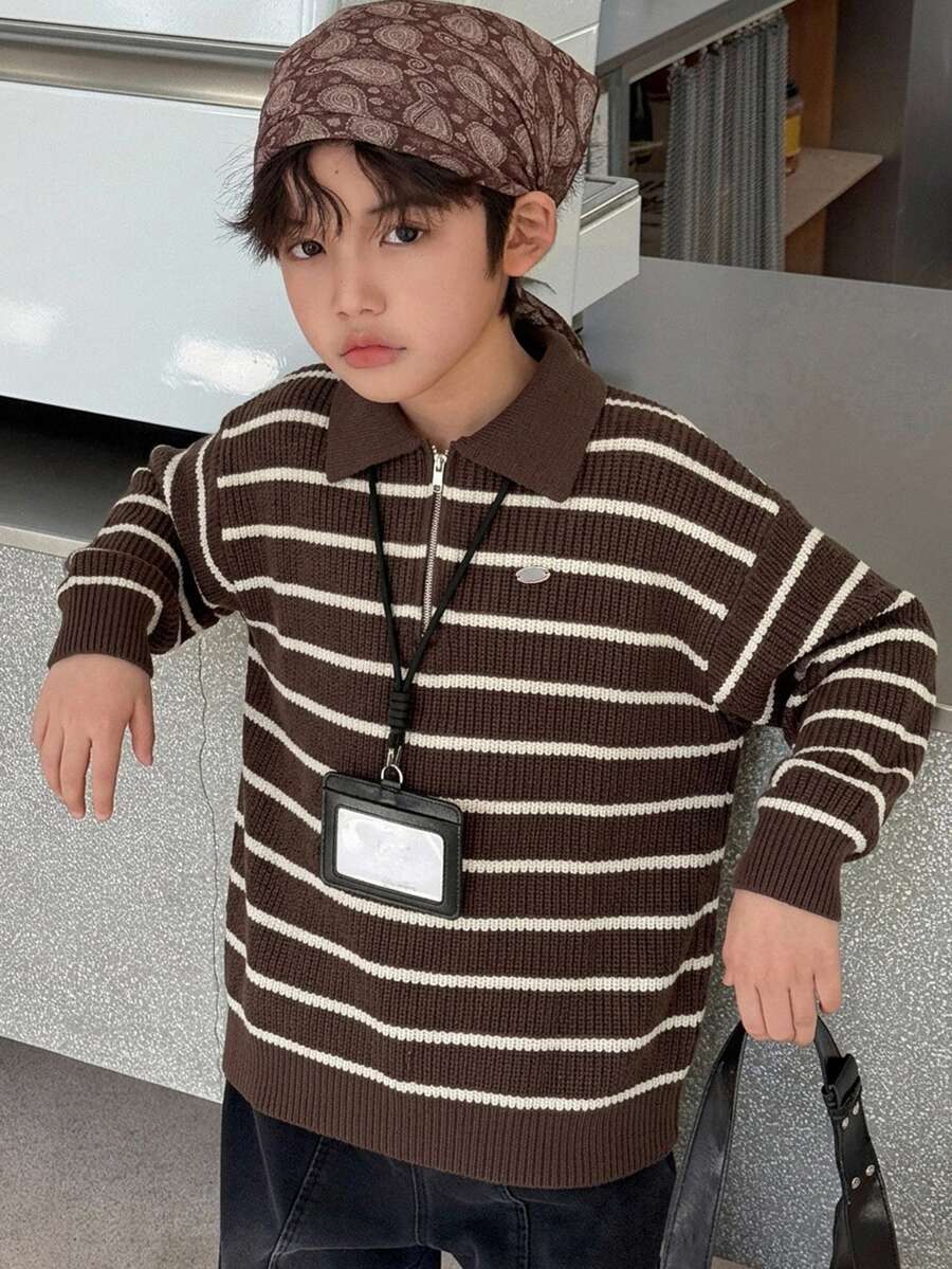 Dazy Kids Tween Boy Striped Zipper Half-Placket Long Sleeve Casual Sweater - Brown - View 1