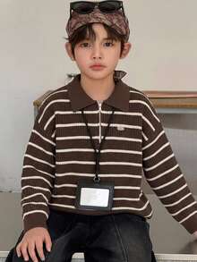 Dazy Kids Tween Boy Striped Zipper Half-Placket Long Sleeve Casual Sweater - Brown - View 4